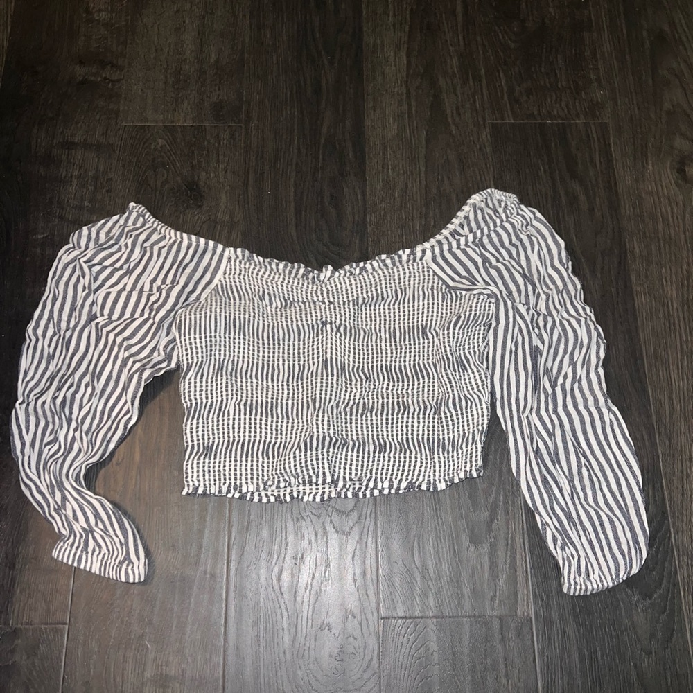 American eagle blue&white striped long sleeve wide shoulder/off the shoulder top